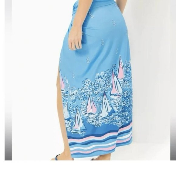 Lilly Pulitzer Leevy Coverup Skirt Blue Sailboat Print Sarong Large - Picture 3 of 4